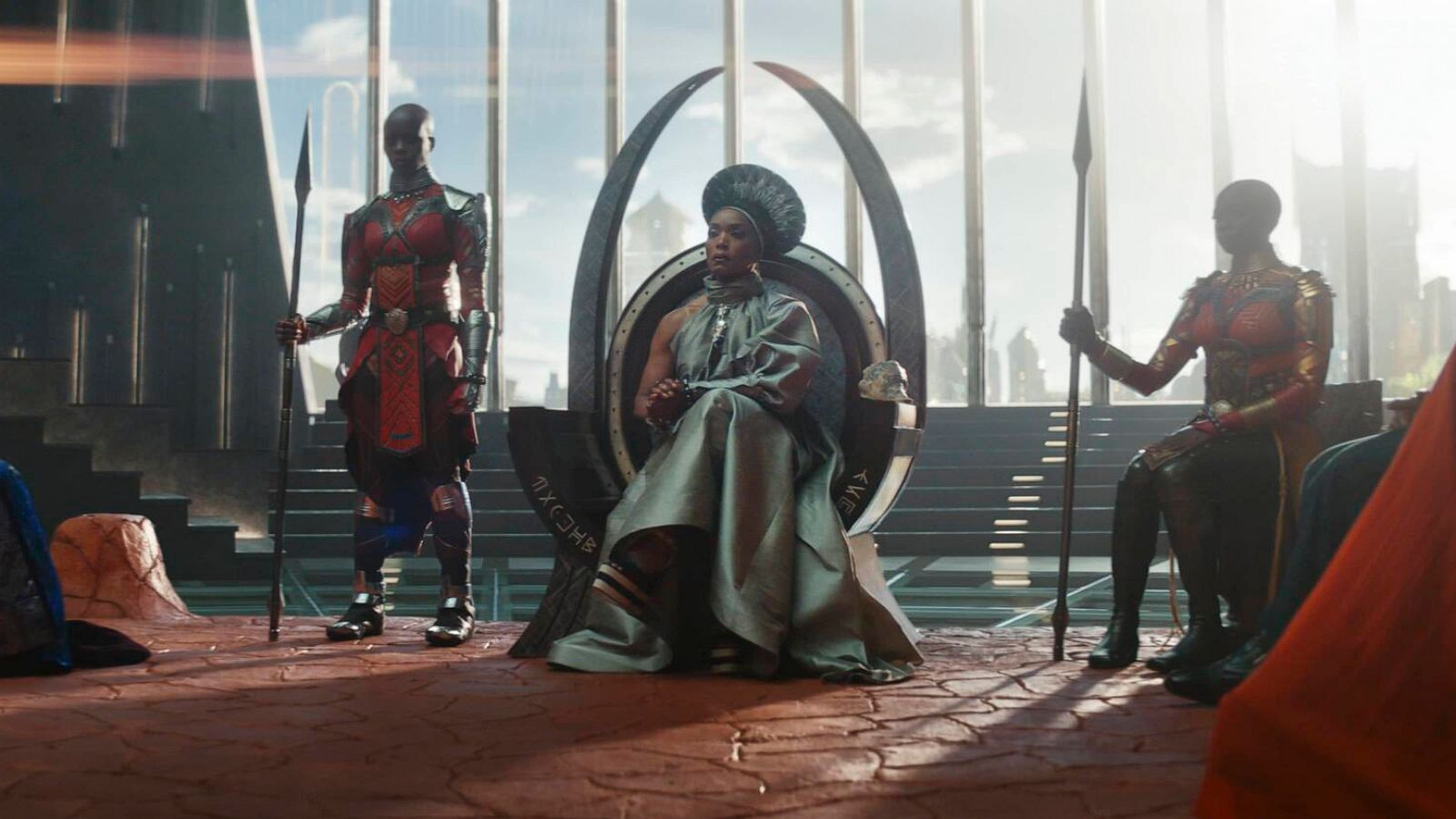 PHOTO: Dorothy Steel as Merchant Tribe Elder, Florence Kasumba as Ayo, Angela Bassett as Ramonda, Danai Gurira as Okoye appear in Marvel Studios' Black Panther: Wakanda Forever.