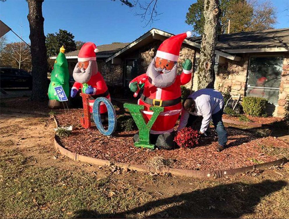 PHOTO: Black Santa Christmas decorations are displayed outside Chris Kennedy's home in Little Rock, Ak. Kennedy received a letter claiming to be from the Lakewood Property Owners Association, asking him to remove his Black Santa Christmas decorations.