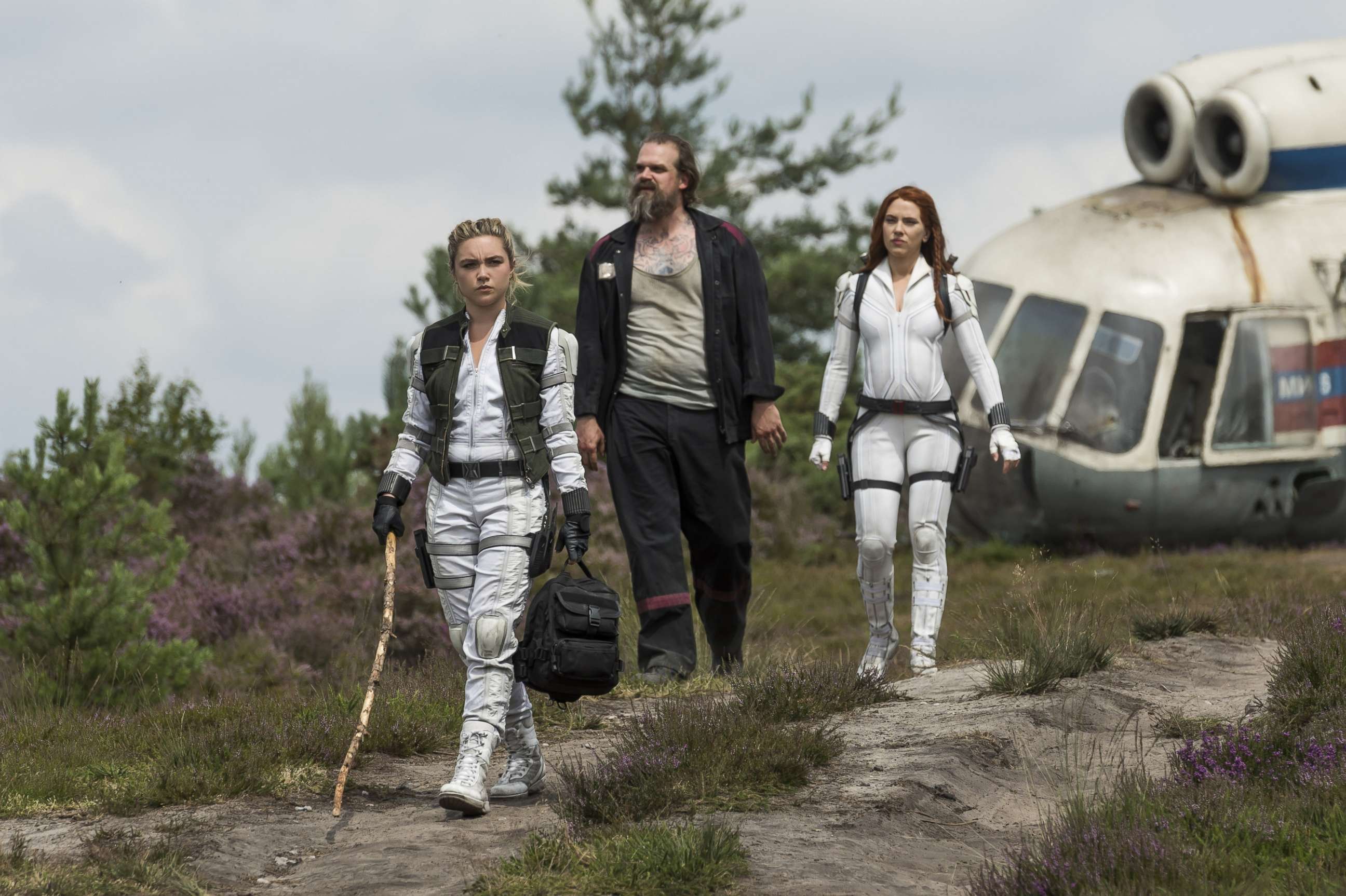 PHOTO: Florence Pugh, David Harbour and Scarlett Johansson star in Marvel Studios' 2021 film, "Black Widow," directed by Cate Shortland.