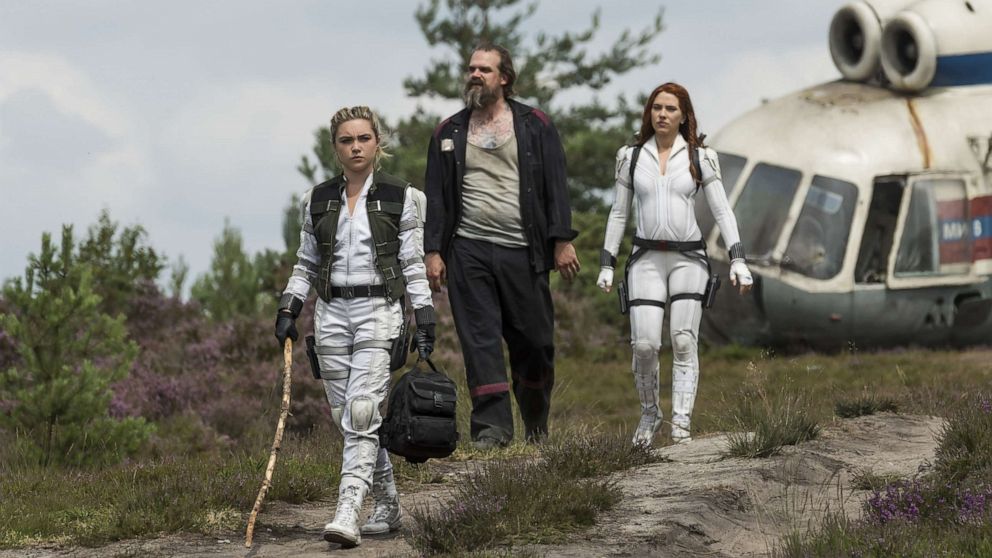 PHOTO: Florence Pugh, David Harbour and Scarlett Johansson star in Marvel Studios' 2021 film, "Black Widow," directed by Cate Shortland.