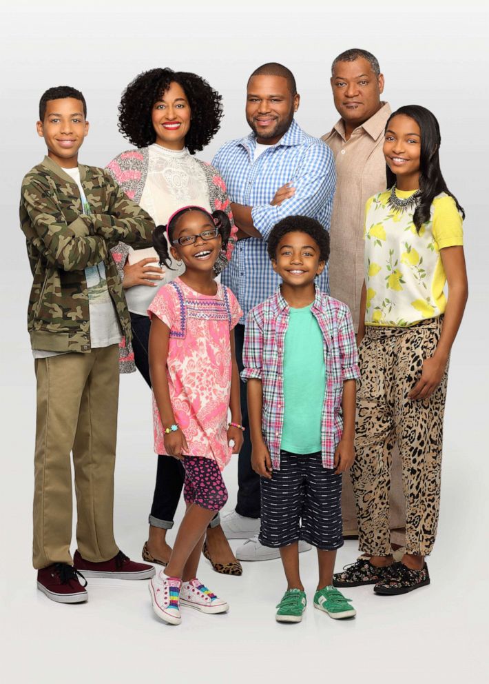 PHOTO: "Black-ish" stars Marcus Scribner as Andre Jr., Tracee Ellis Ross as Rainbow, Marsai Martin as Diane, Anthony Anderson as Dre, Miles Brown as Jack, Laurence Fishburne as Pops and Yara Shahidi as Zoey.