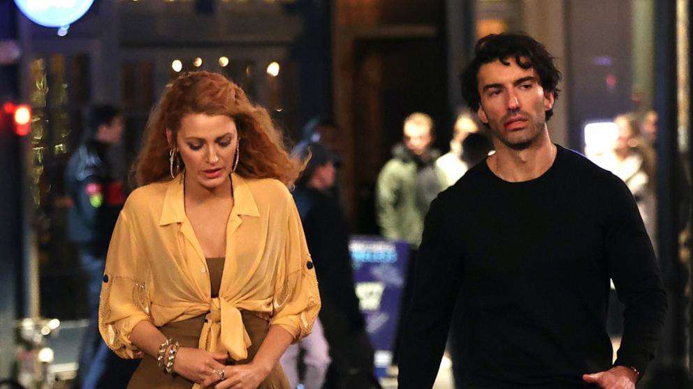 PHOTO: In this Jan. 12, 2024, file photo, Blake Lively and Justin Baldoni are seen on the set of 'It Ends with Us' in Jersey City, New Jersey. 