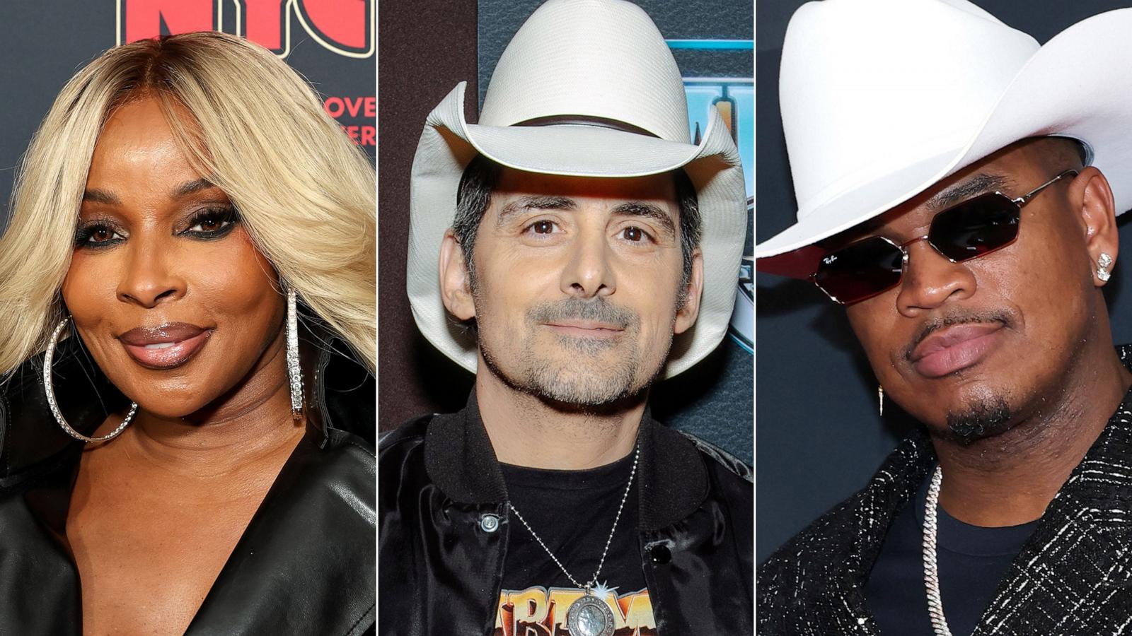 PHOTO: Mary J. Blige appears at an event at The Beacon Theatre on March 5, 2026, in New York. | Brad Paisley attends an event on Jan. 17, 2024, in Nashville, Tenn. | Ne-Yo attends an event on Jan. 31, 2026, in Beverly Hills, Calif.