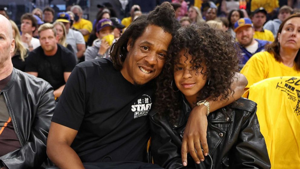PHOTO: Jay-Z and his daughter Blue Ivy Carter arrive for the game of the Boston Celtics against the Golden State Warriors during Game Five of the 2022 NBA Finals on June 13, 2022 at Chase Center in San Francisco.