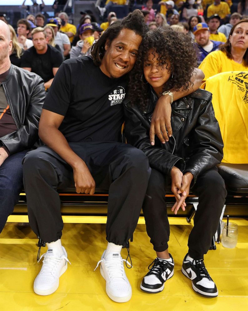 PHOTO: Jay-Z and his daughter Blue Ivy Carter arrive for the game of the Boston Celtics against the Golden State Warriors during Game Five of the 2022 NBA Finals on June 13, 2022 at Chase Center in San Francisco.