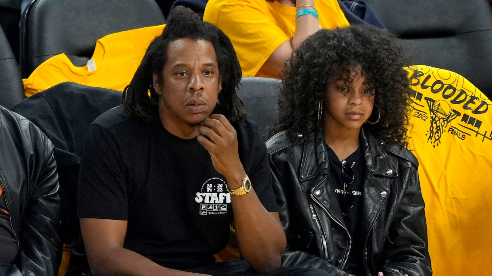 PHOTO: Rapper Jay-Z and his daughter Blue Ivy Carter look on during the 2022 NBA Finals between the Boston Celtics and the Golden State Warriors at Chase Center on June 13, 2022 in San Francisco.