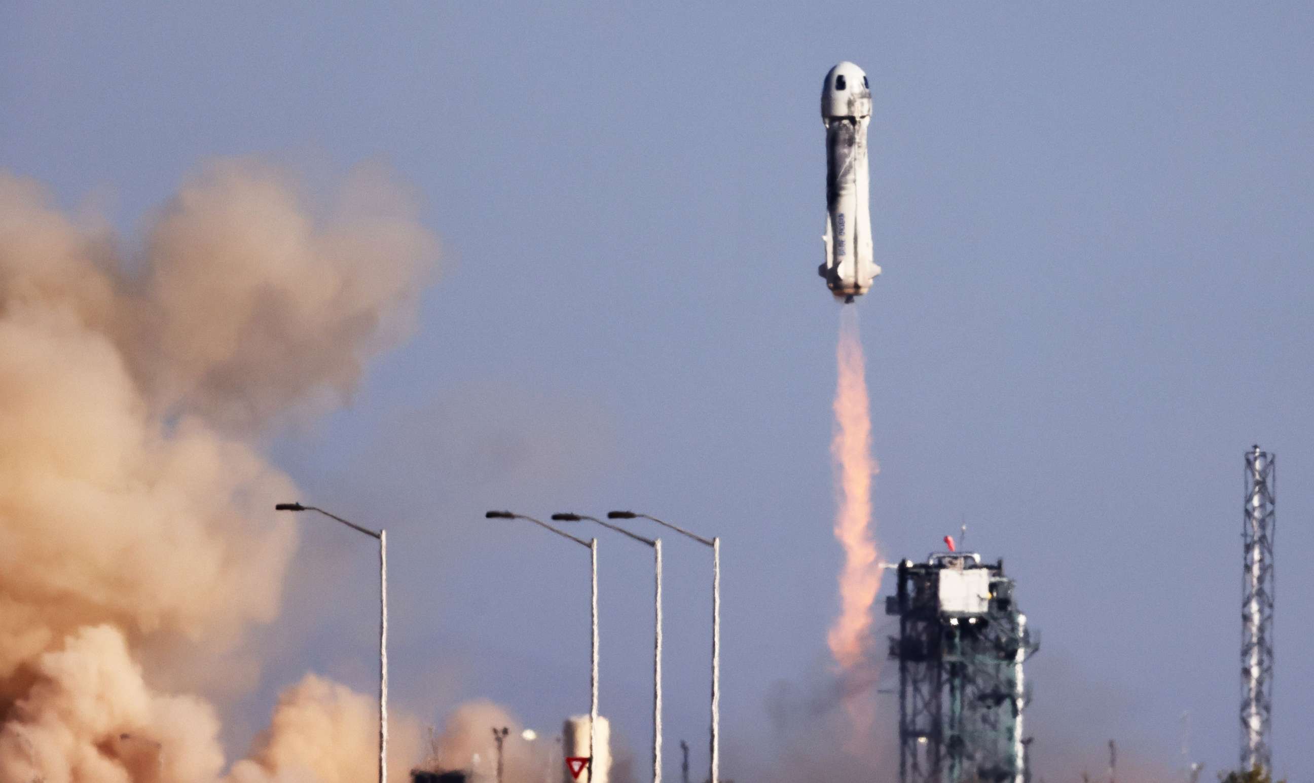 PHOTO: Blue Origin's New Shepard lifts off from the launch pad carrying 90-year-old Star Trek actor William Shatner and three other civilians on Oct. 13, 2021, near Van Horn, Texas.