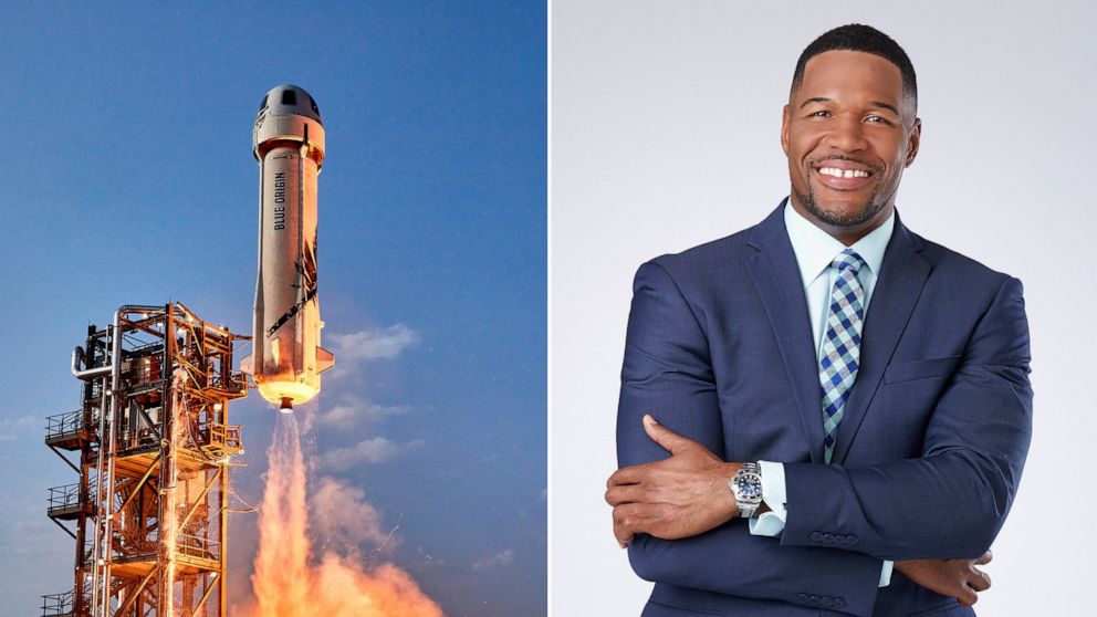 PHOTO: Left, New Shepard lifts off from Launch Site One in West Texas with four people on board, July 20, 2021. Right, Michael Strahan. 