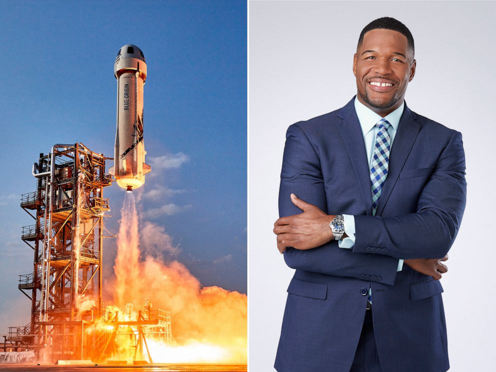 PHOTO: Left, New Shepard lifts off from Launch Site One in West Texas with four people on board, July 20, 2021. Right, Michael Strahan. 