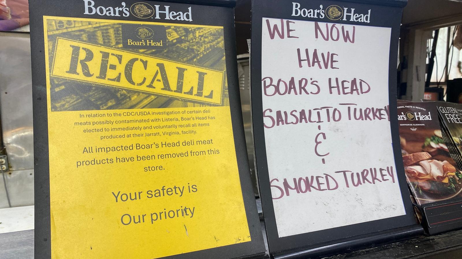 PHOTO: Boar's Head deli meats Recall notice at Deli counter in grocery store, Queens, New York, Aug. 5, 2024.