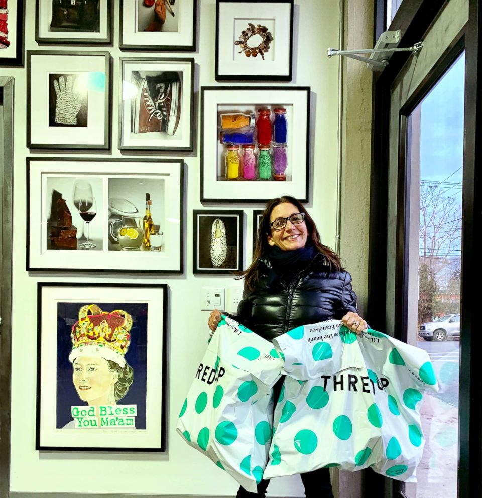 PHOTO: Bobbi Brown holds her high heel donation bags. She used thredUP to sell them.