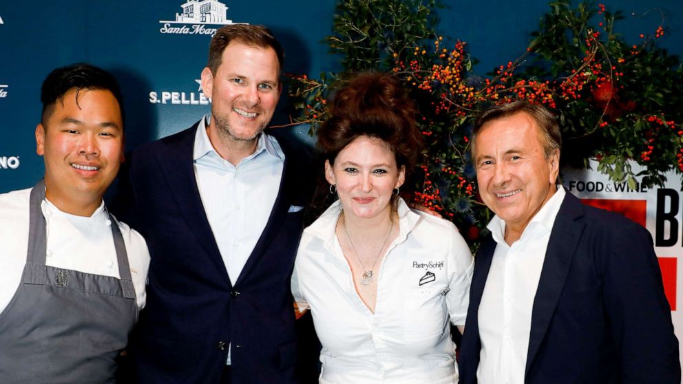 PHOTO: Daniel Boulud, right, Caroline Schiff, Buddha Lo, and Hunter Lewis attend 2023 Food & Wine Best New Chefs at Nine Orchard in New York City, Sept. 12, 2023.