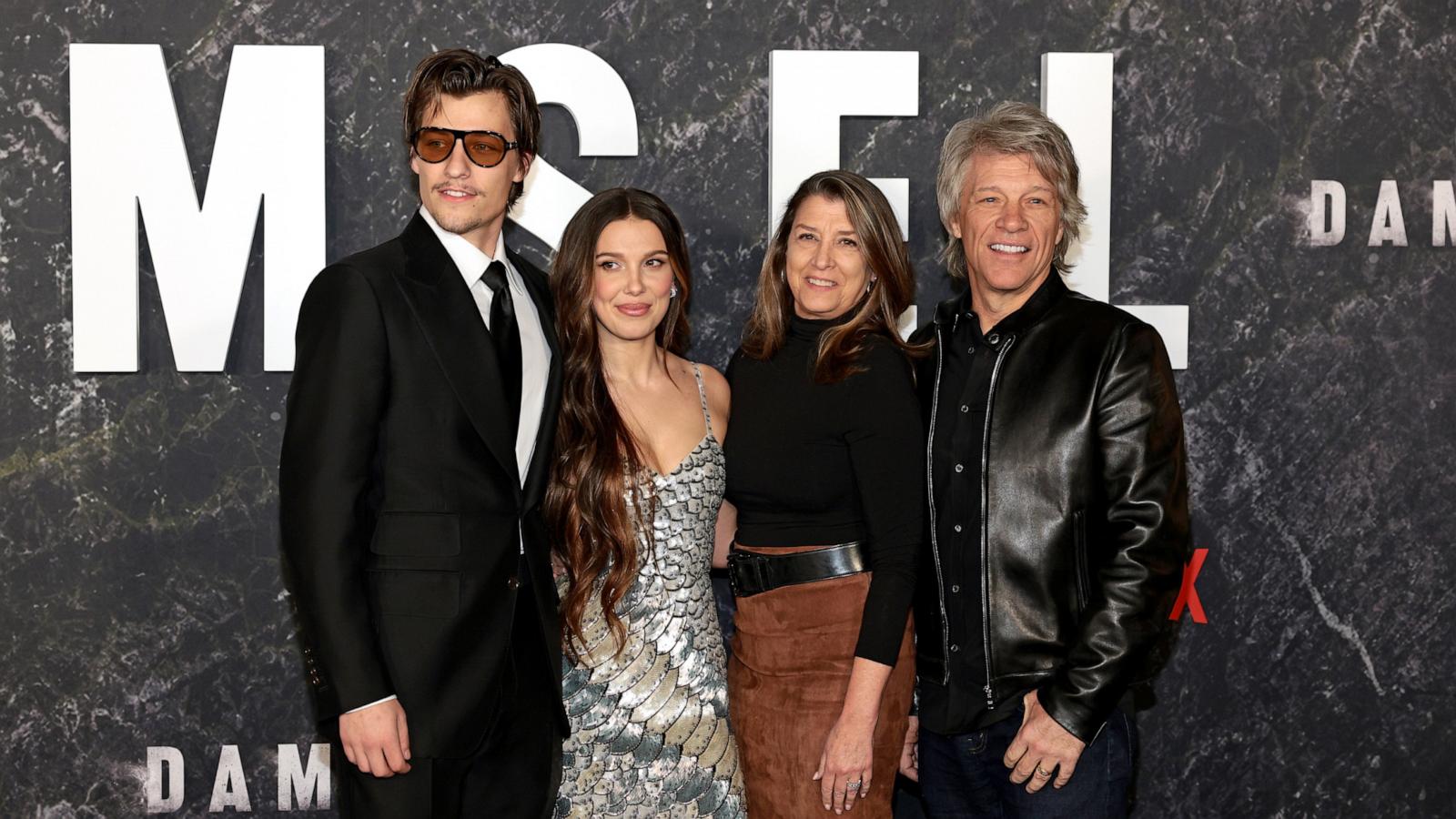 PHOTO: Jake Bongiovi, Millie Bobby Brown, Dorothea Hurley, and Jon Bon Jovi attend the Damsel World Premiere at The Plaza, March 1, 2024, in New York.