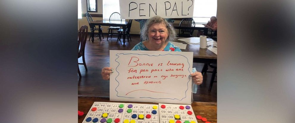 PHOTO: Bonnie Price, 73, a resident at Victorian Senior Care living facility in North Carolina, holds a sign asking for pen pals in a photo posted to social media on June 25, 2020.