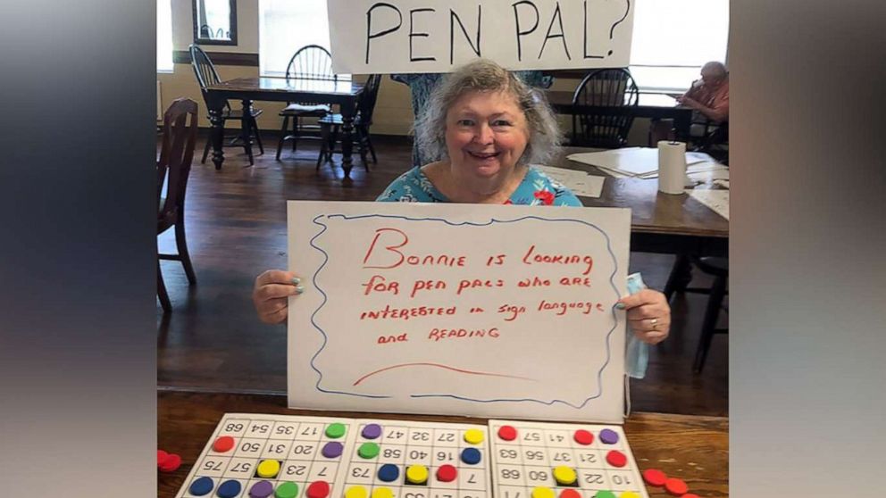 PHOTO: Bonnie Price, 73, a resident at Victorian Senior Care living facility in North Carolina, holds a sign asking for pen pals in a photo posted to social media on June 25, 2020.