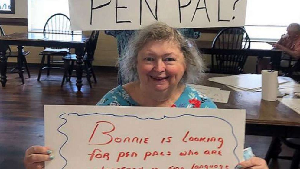 PHOTO: Bonnie Price, 73, a resident at Victorian Senior Care living facility in North Carolina, holds a sign asking for pen pals in a photo posted to social media on June 25, 2020.