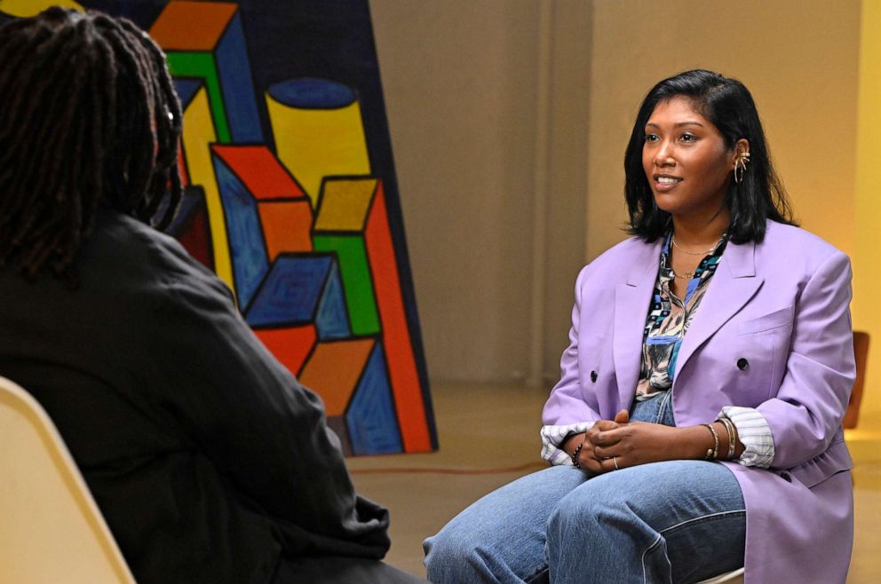 PHOTO: Simone Ledward Boseman speaks with Whoopi Goldberg in an interview.