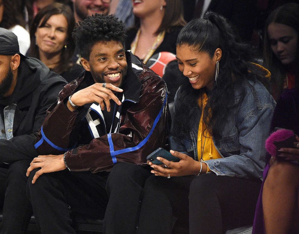 PHOTO: Chadwick Boseman, left, and Taylor Simone Ledward attend the 69th NBA All-Star Game at United Center on Feb. 16, 2020, in Chicago.