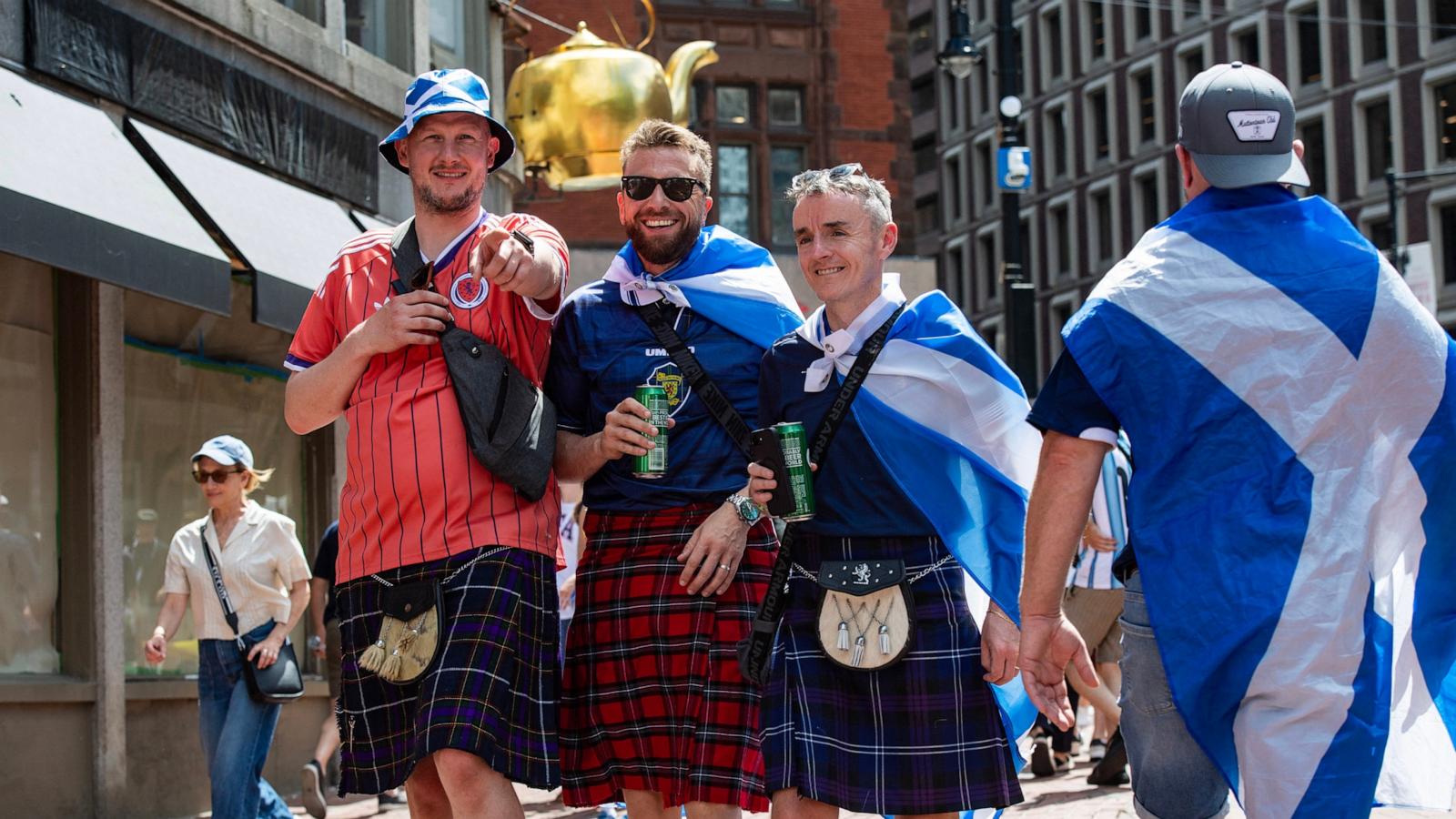 PHOTO: Members of the Tartan Army make their way to South Station to board trains to Boston Stadium to watch the upcoming World Cup match between Scotland and Morocco in Boston, on June 19, 2026.