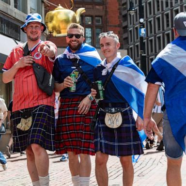 PHOTO: Members of the Tartan Army make their way to South Station to board trains to Boston Stadium to watch the upcoming World Cup match between Scotland and Morocco in Boston, on June 19, 2026. 