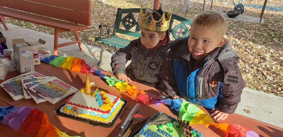 PHOTO: Wyatt Haas, 5, poses with his brother Asher, 4, at a party in Montana, on Dec. 6 to send Wyatt off as he undergoes brain cancer treamtent. 