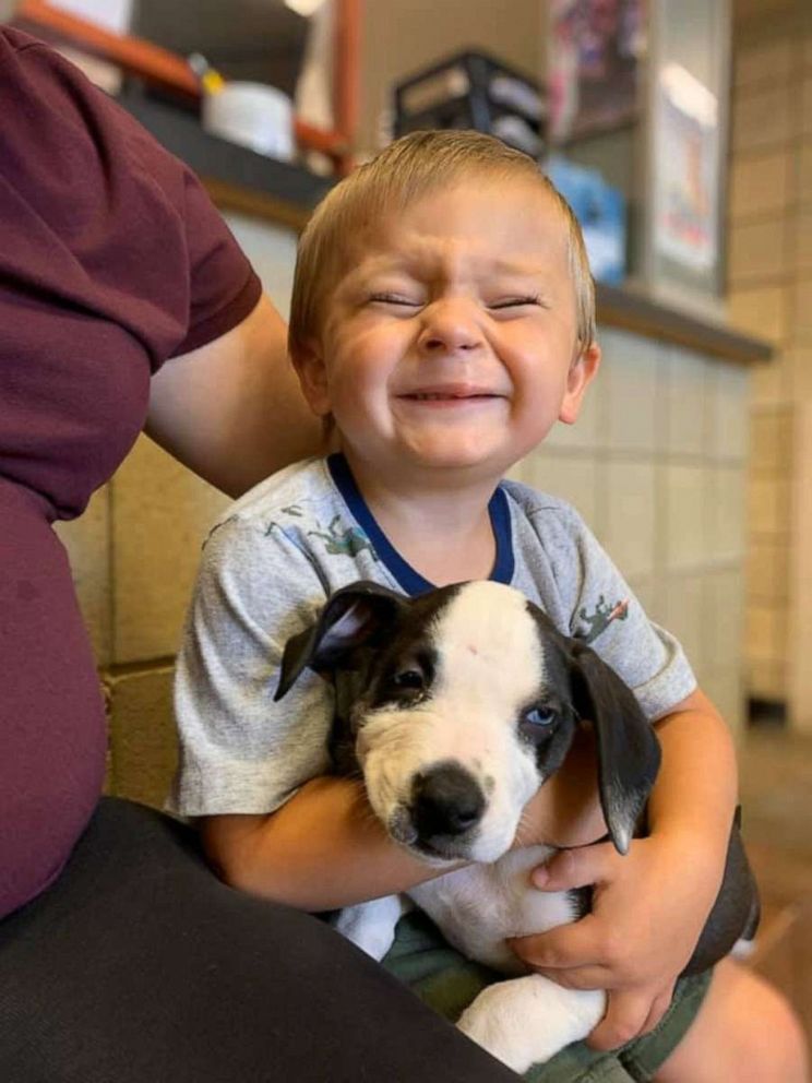 PHOTO: Bentley Boyers, 2, is seen holding his newly adopted rescue puppy, Lacey, on Sept. 4, 2020 at Jackson County Animal Shelter in Jackson County, Michigan. Both Bentley and Lacey were born with a cleft lip.
