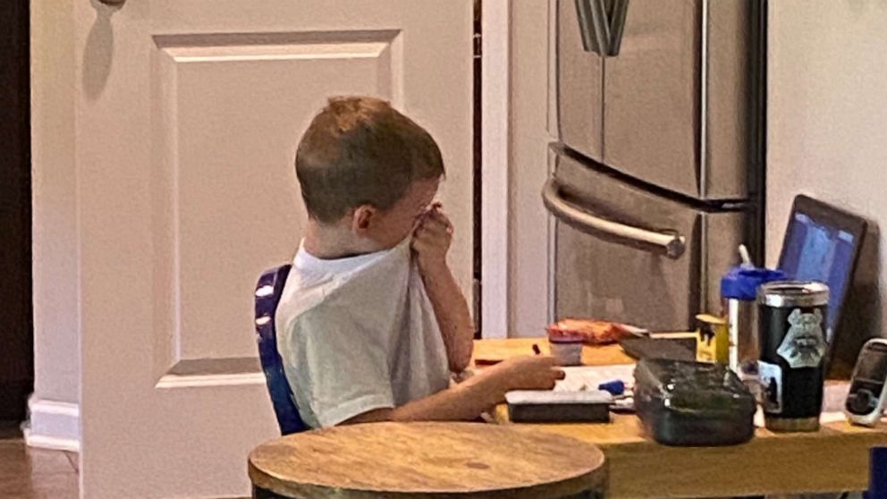 PHOTO: Jana Coombs of Sharpsburg, Georgia, snapped the picture of her 5-year-old son, Ezra, crying on Aug. 17 during his first day of virtual learning. That evening she shared it on Facebook where millions commented on the post.