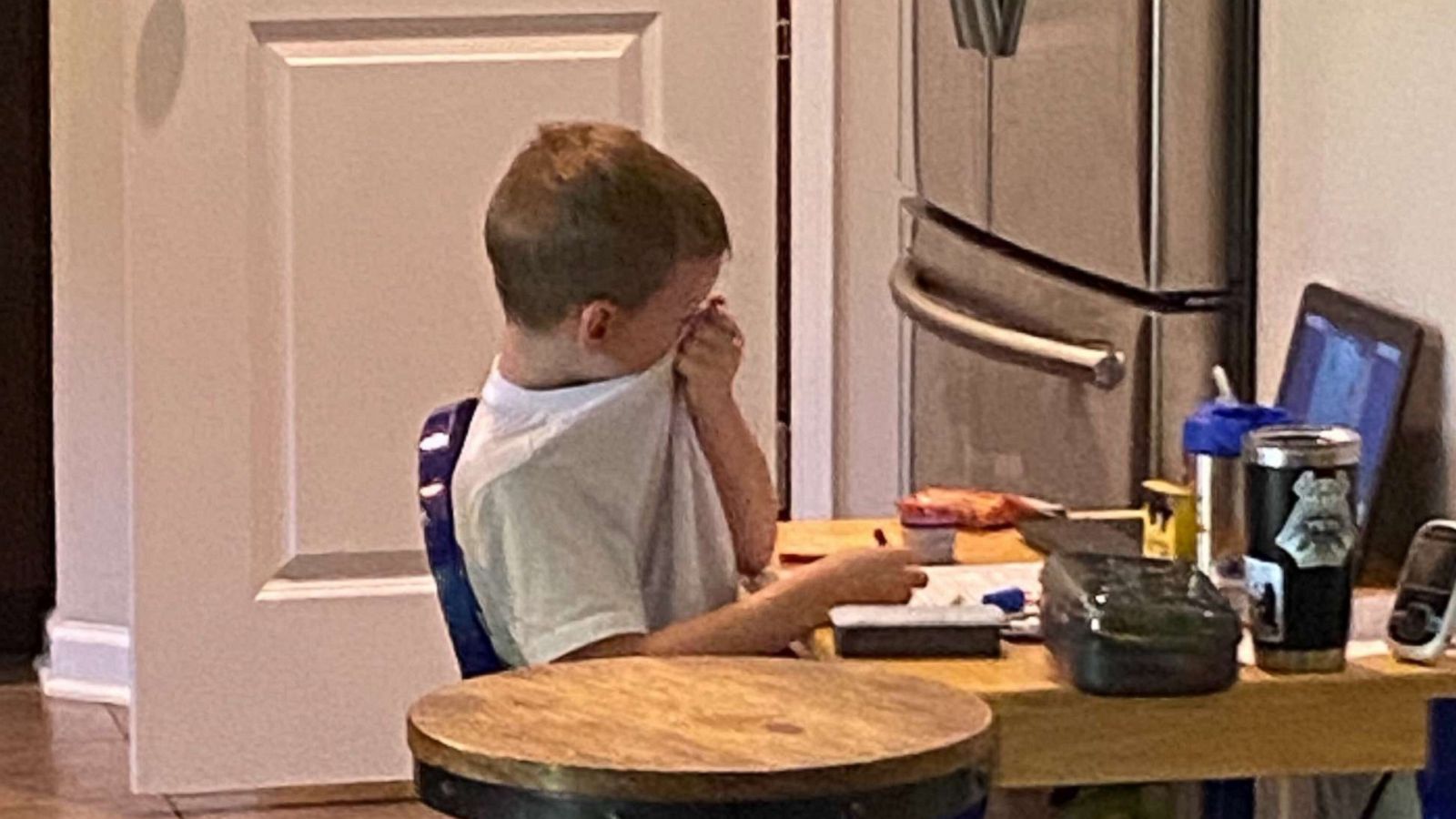 PHOTO: Jana Coombs of Sharpsburg, Georgia, snapped the picture of her 5-year-old son, Ezra, crying on Aug. 17 during his first day of virtual learning. That evening she shared it on Facebook where millions commented on the post.