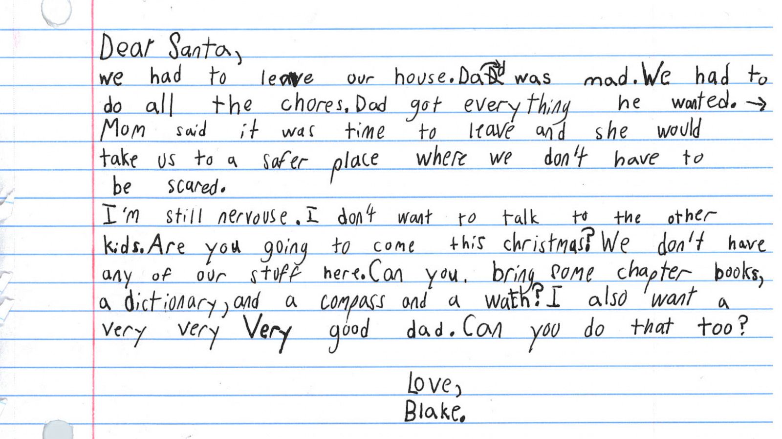 PHOTO: Blake's note to St. Nick was shared on Facebook Wednesday by SafeHaven of Tarrant County in Fort Worth, Texas, and garnered hundreds of comments and shares.