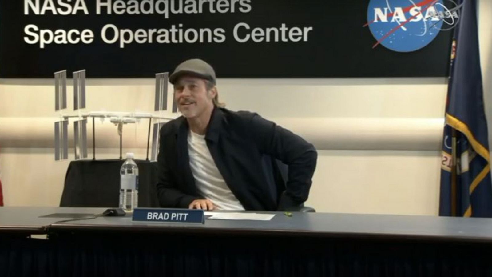 PHOTO: Brad Pitt speaks to NASA astronaut Nick Hague, speaking from the ISS.