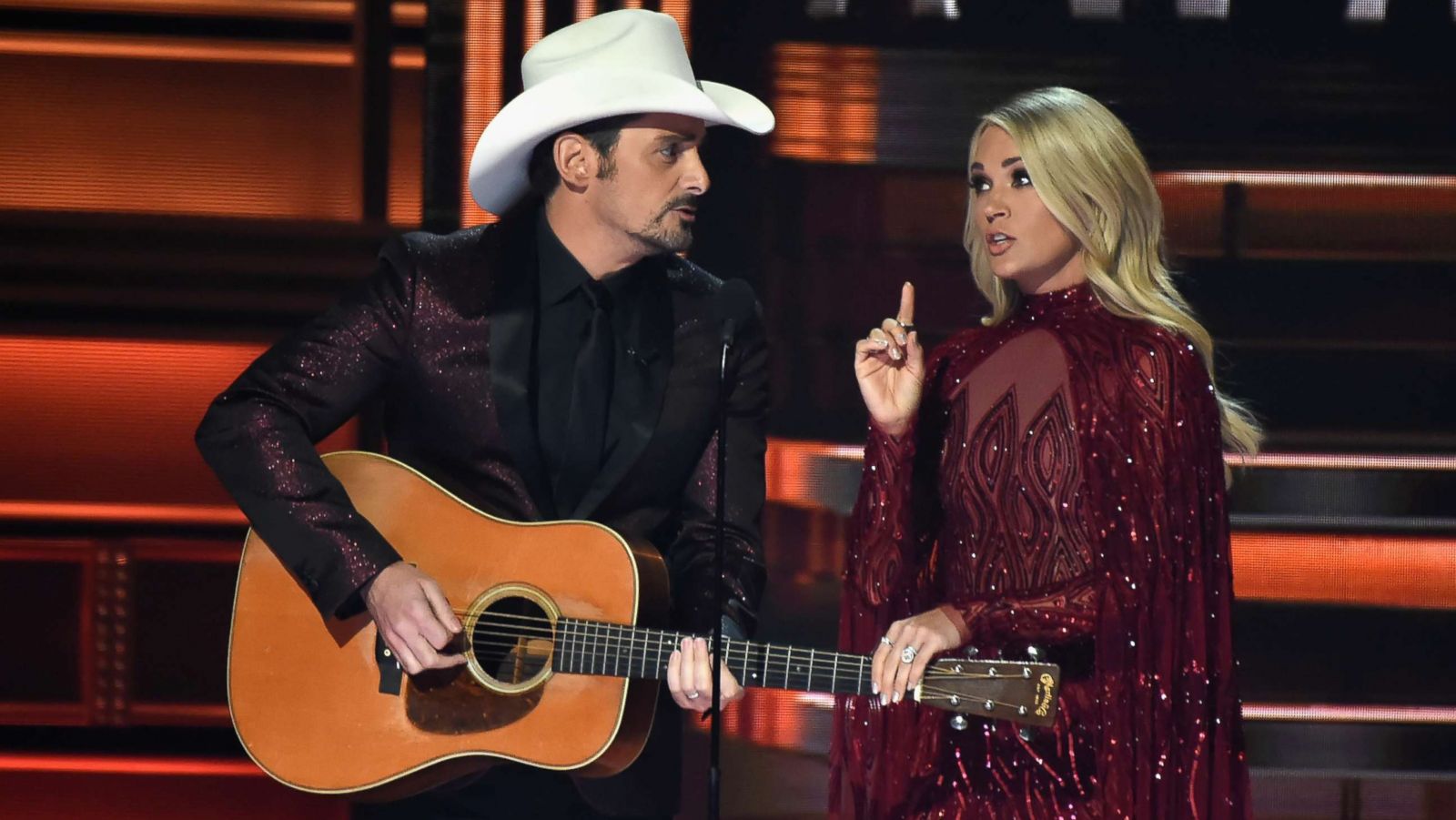 PHOTO: Co-hosts Brad Paisley and Carrie Underwood speak onstage at the 51st annual CMA Awards at the Bridgestone Arena on Nov. 8, 2017 in Nashville, Tenn.