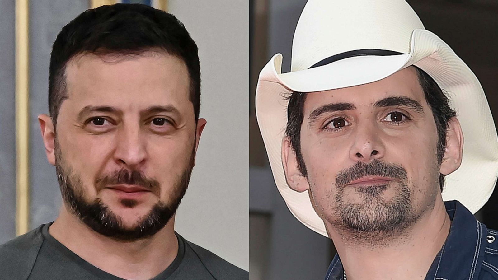 PHOTO: Ukrainian President Volodymyr Zelenskyy appears in Kyiv, Ukraine, on Sept. 8, 2022, left, and country singer Brad Paisley attends a ceremony honoring Carrie Underwood with a star on the Hollywood Walk of Fame on Sept. 20, 2018, in Los Angeles.