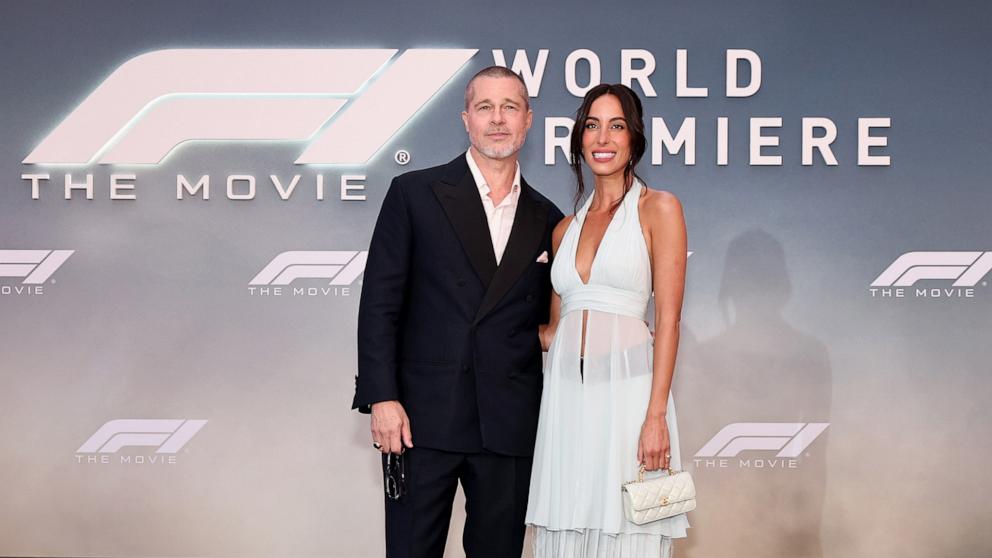 PHOTO: Brad Pitt and Ines de Ramon attend the World Premiere of F1 The Movie in Times Square, June 16, 2025 in New York City.