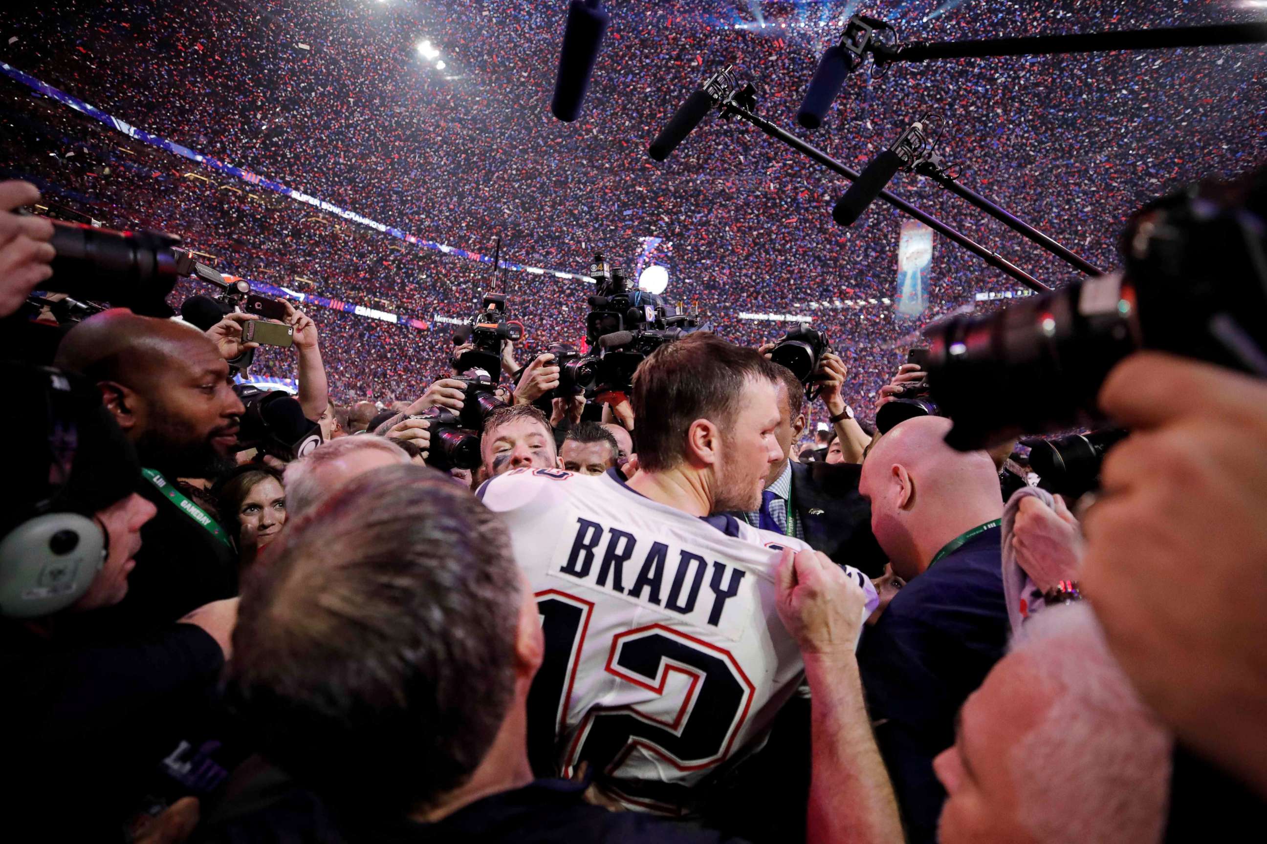 PHOTO: New England Patriots' Tom Brady celebrates winning the Super Bowl LIII - New England Patriots v Los Angeles Rams at the Mercedes-Benz Stadium in Atlanta, Feb. 3, 2019.