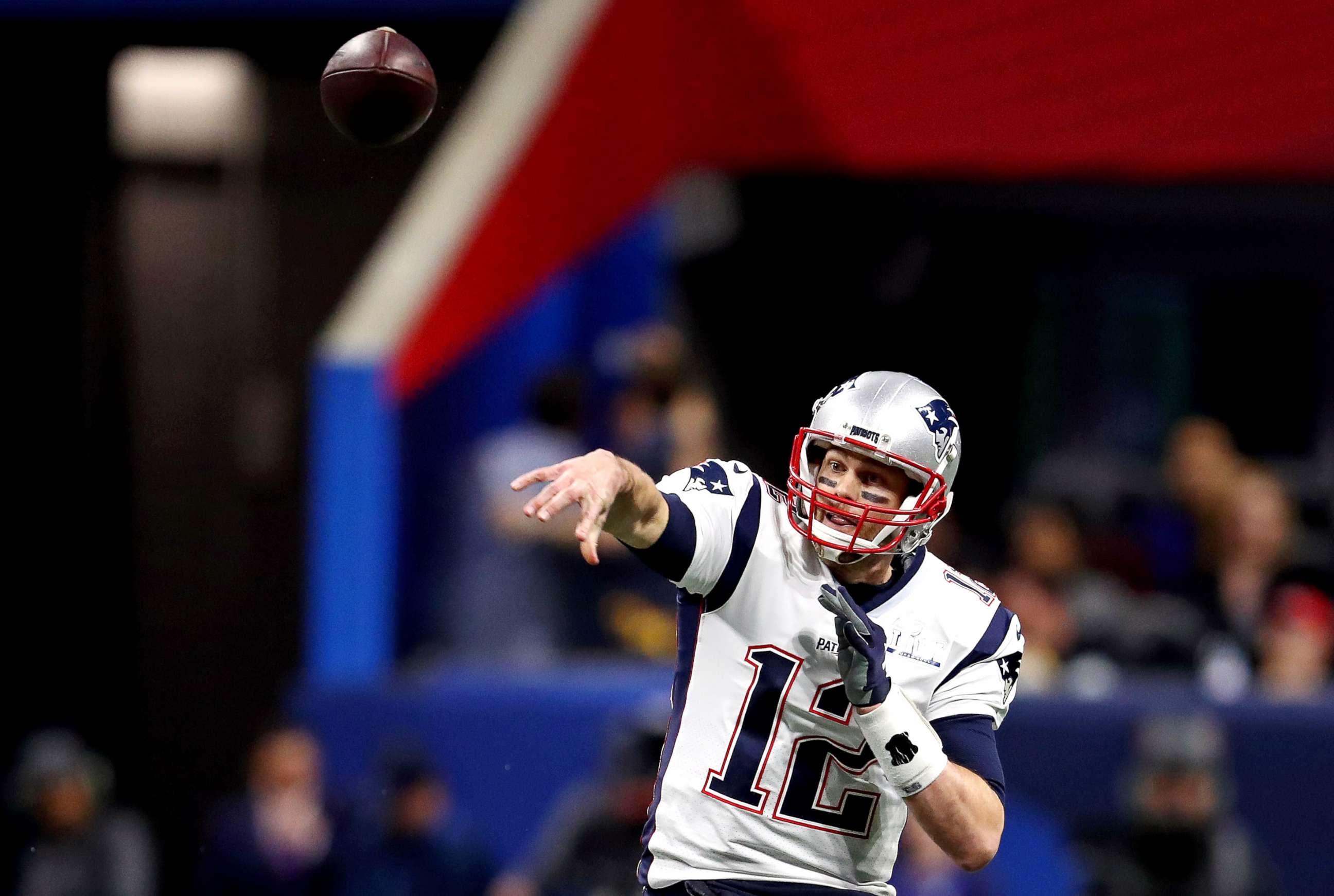PHOTO: New England Patriots quarterback Tom Brady (12) throws a pass during the first quarter against the Los Angeles Rams in Super Bowl LIII at Mercedes-Benz Stadium, Feb 3, 2019, in Atlanta.