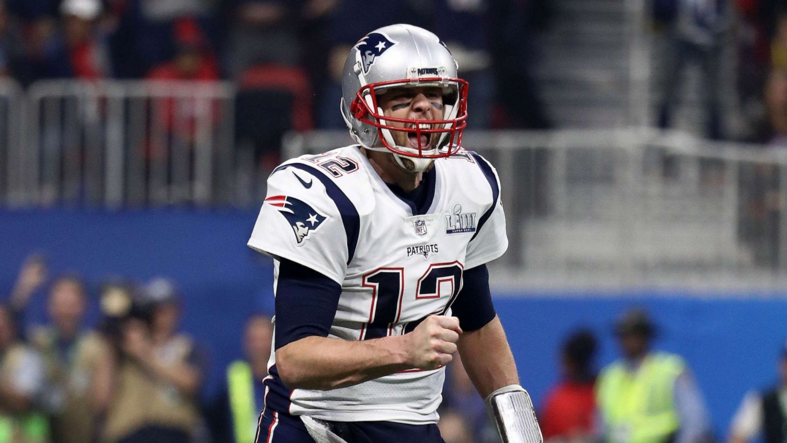 PHOTO: Tom Brady of the New England Patriots celebrates his teams fourth quarter touchdown against the Los Angeles Rams during Super Bowl LIII at Mercedes-Benz Stadium on Feb. 3, 2019 in Atlanta.