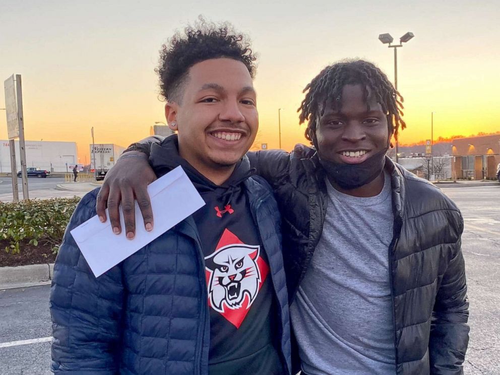 PHOTO: Davidson College student Brandon Harris, left, is pictured with his childhood friend Sura Sohna just after Sohna was released from a Maryland prison 12 years early.