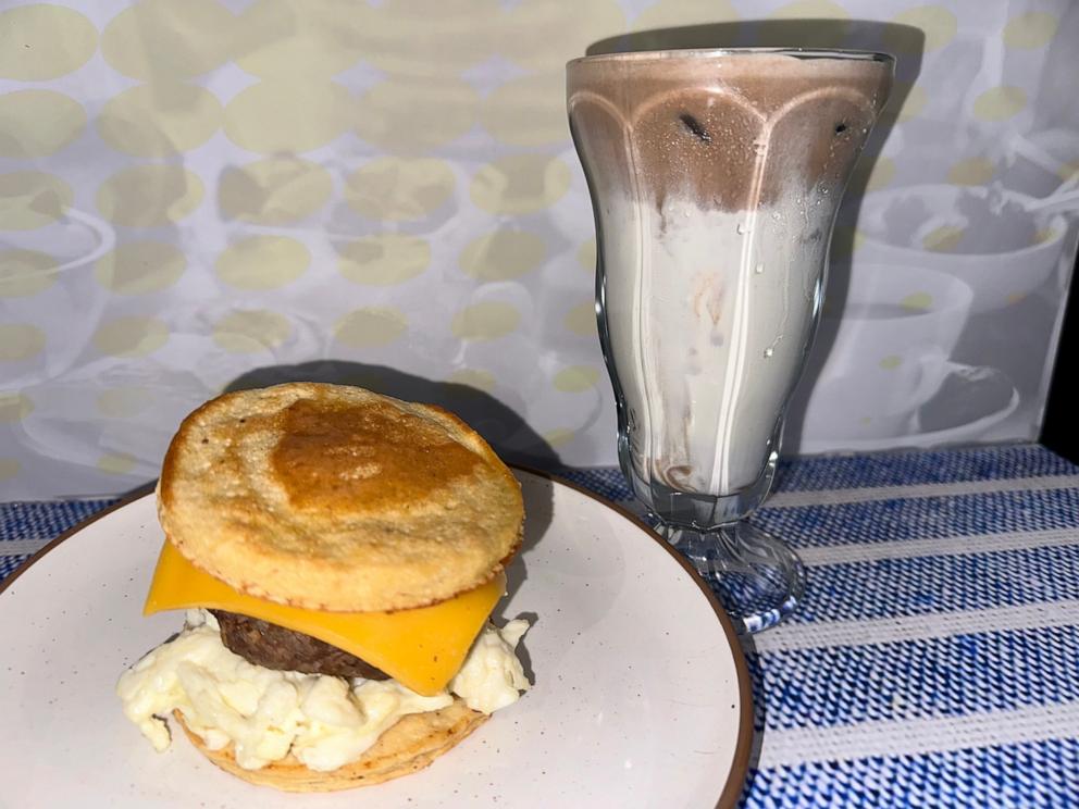 PHOTO: Chris Powell's healthier breakfast sandwich and an iced coffee drink.