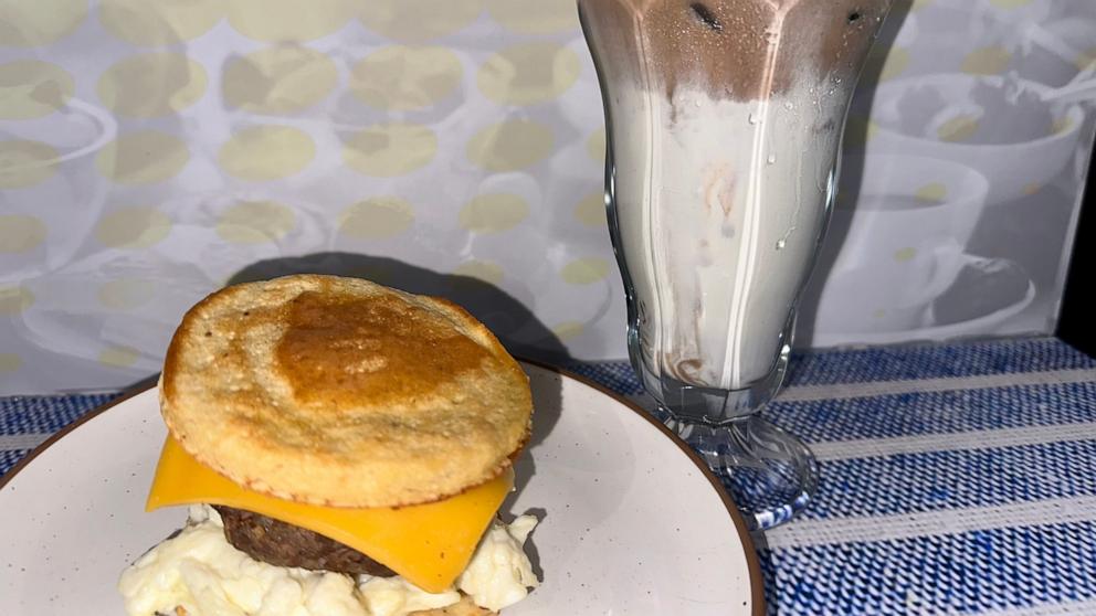 Chris Powell's healthier breakfast sandwich and an iced coffee drink.