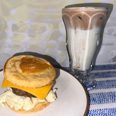 PHOTO: Chris Powell's healthier breakfast sandwich and an iced coffee drink.
