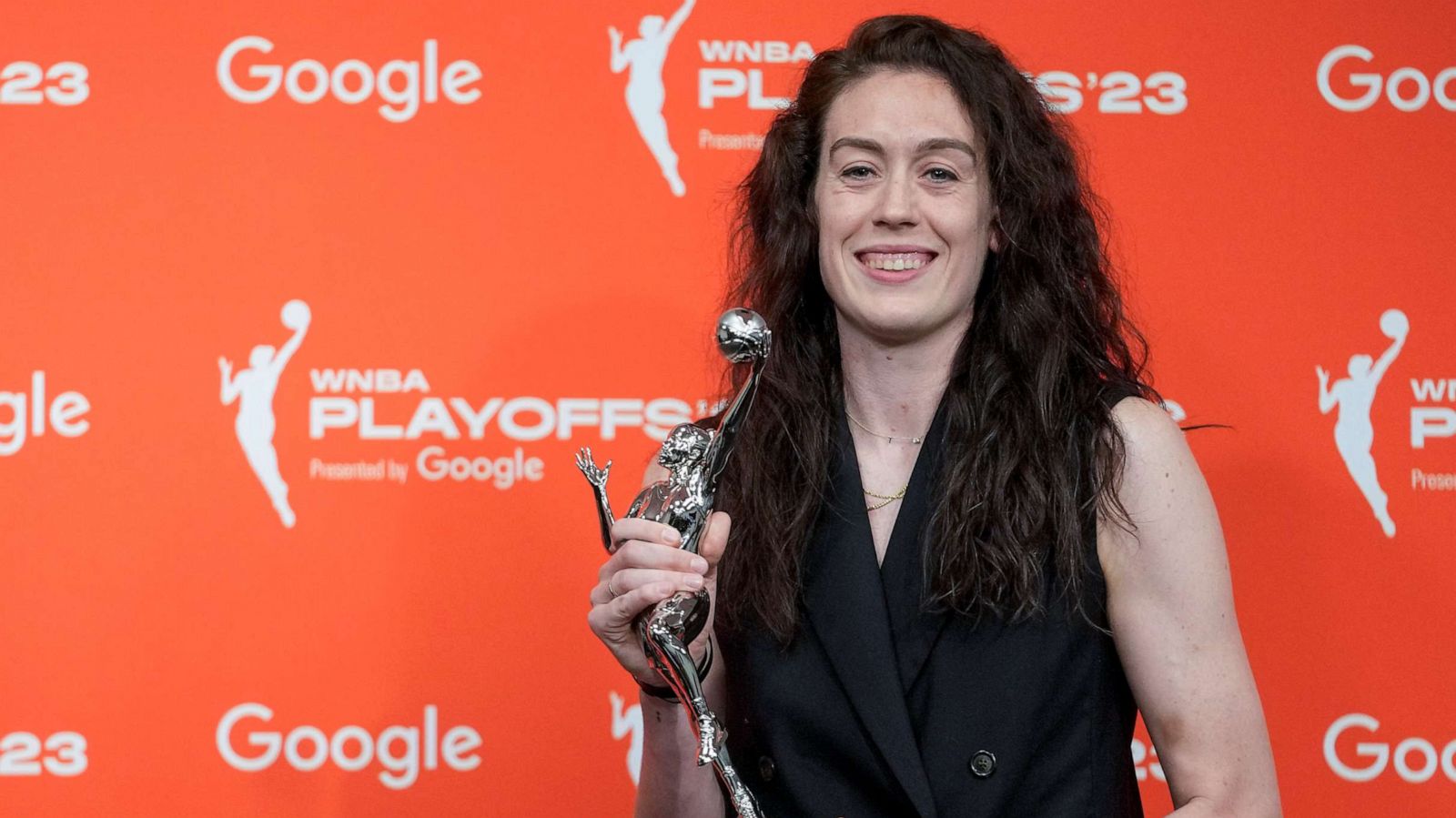 PHOTO: New York Liberty forward Breanna Stewart holds her WNBA MVP trophy during a news conference at Barclays Center, Sept. 26, 2023, in New York.