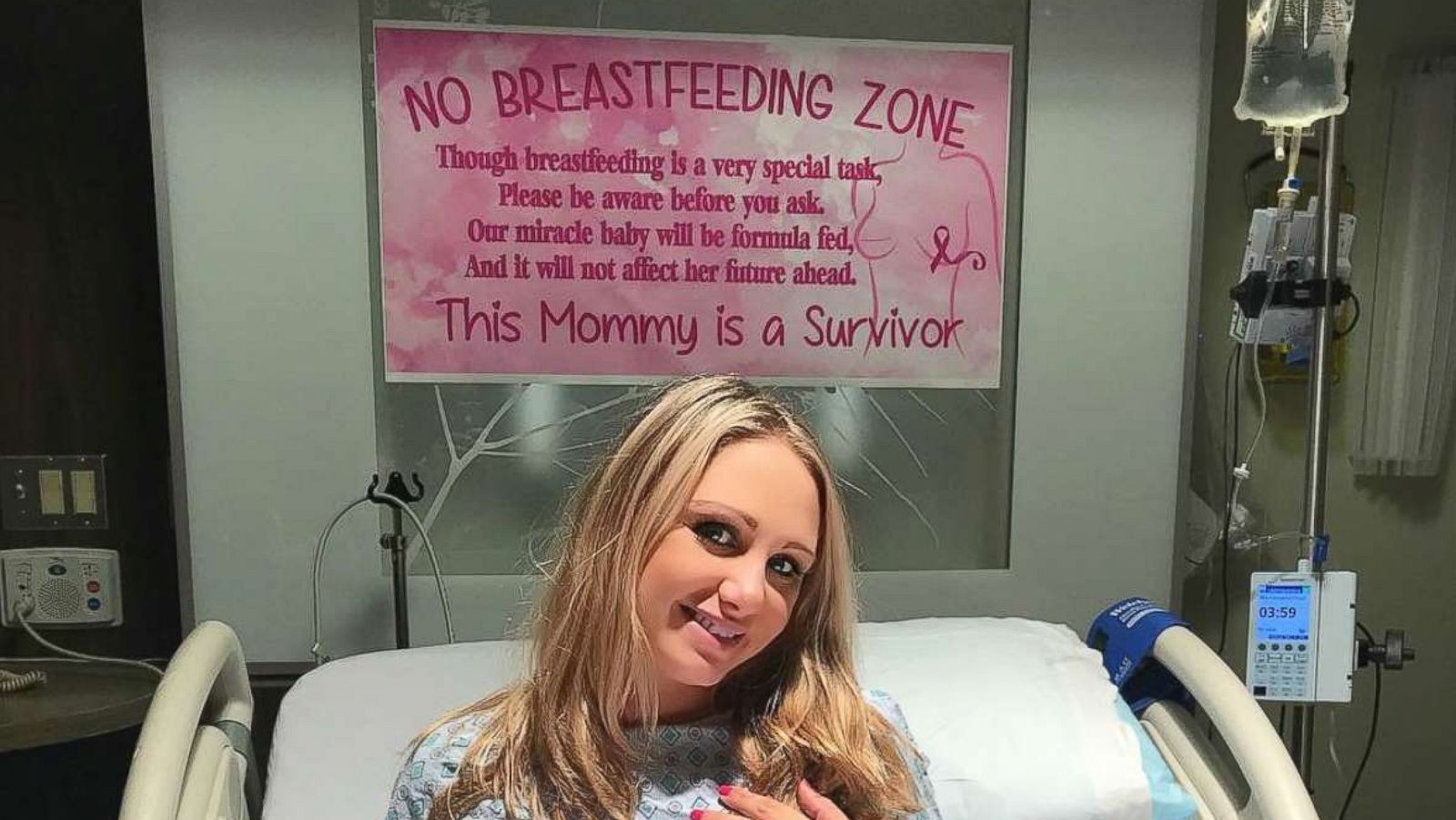 PHOTO: Meghan Koziel, 29, of Pittsburgh, is a breast cancer survivor and new mom who created a banner which let hospital staff know that she would not be breastfeeding due to a double mastectomy.