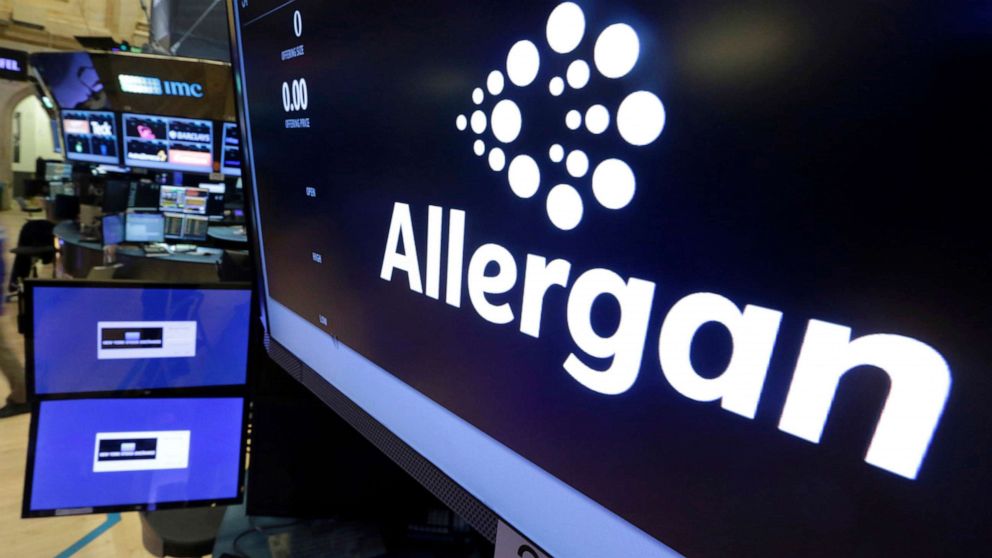 PHOTO: In this Nov. 23, 2015, file photo, the Allergan logo appears on the floor of the New York Stock Exchange. On July 24, 2019, the medical device maker announced a worldwide recall of its Biocell breast implants, linked to a rare form of cancer.