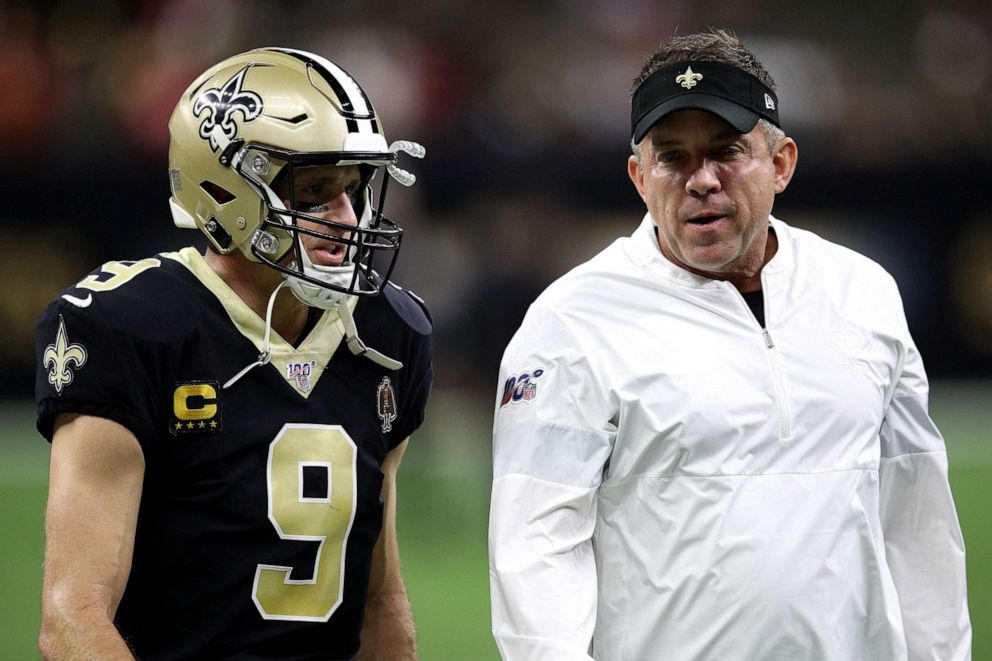 PHOTO: Drew Brees and head coach Sean Payton of the New Orleans Saints talk prior to the game against the San Francisco 49ers at Mercedes Benz Superdome, on Dec. 08, 2019, in New Orleans.