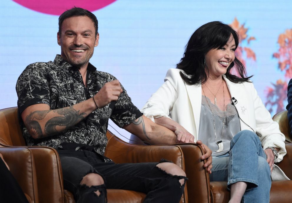 PHOTO: Brian Austin Green, left, and Shannen Doherty participate in Fox's "BH90210" panel at the Television Critics Association Summer Press Tour on Wednesday, Aug. 7, 2019, in Beverly Hills, Calif.