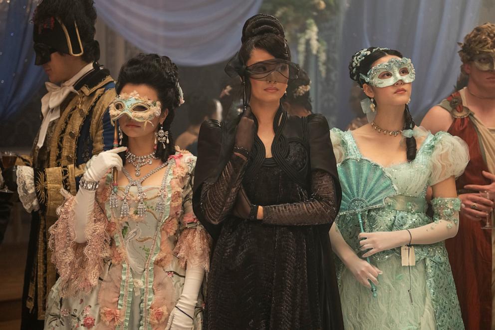 PHOTO: Michelle Mao as Rosamund Li, Katie Leung as Lady Araminta Gao, and Isabella Wei as Posy Li in Bridgerton Season 4.