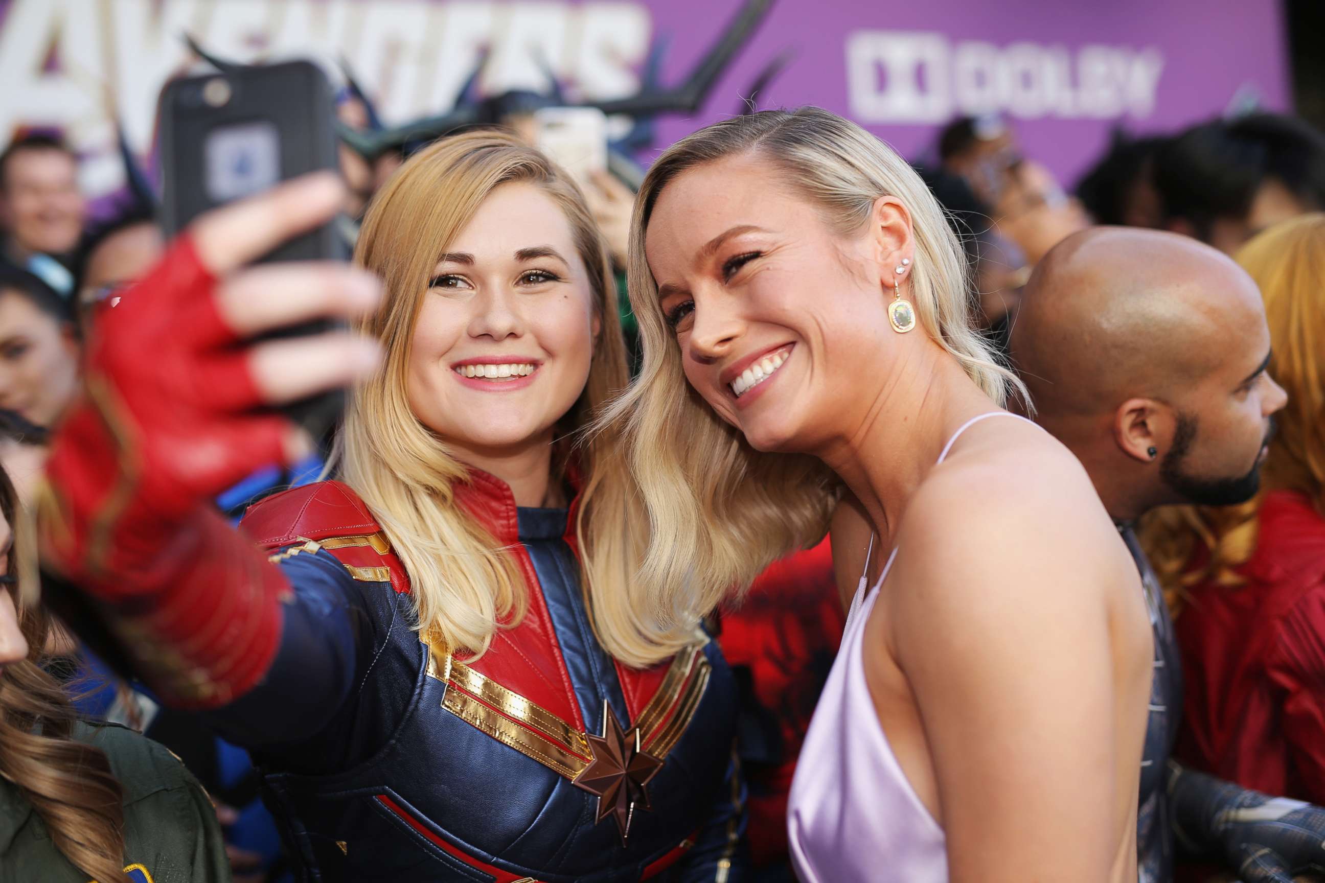 PHOTO: Brie Larson, right, attends the Los Angeles World Premiere of Marvel Studios' "Avengers: Endgame" at the Los Angeles Convention Center on April 23, 2019 in Los Angeles.