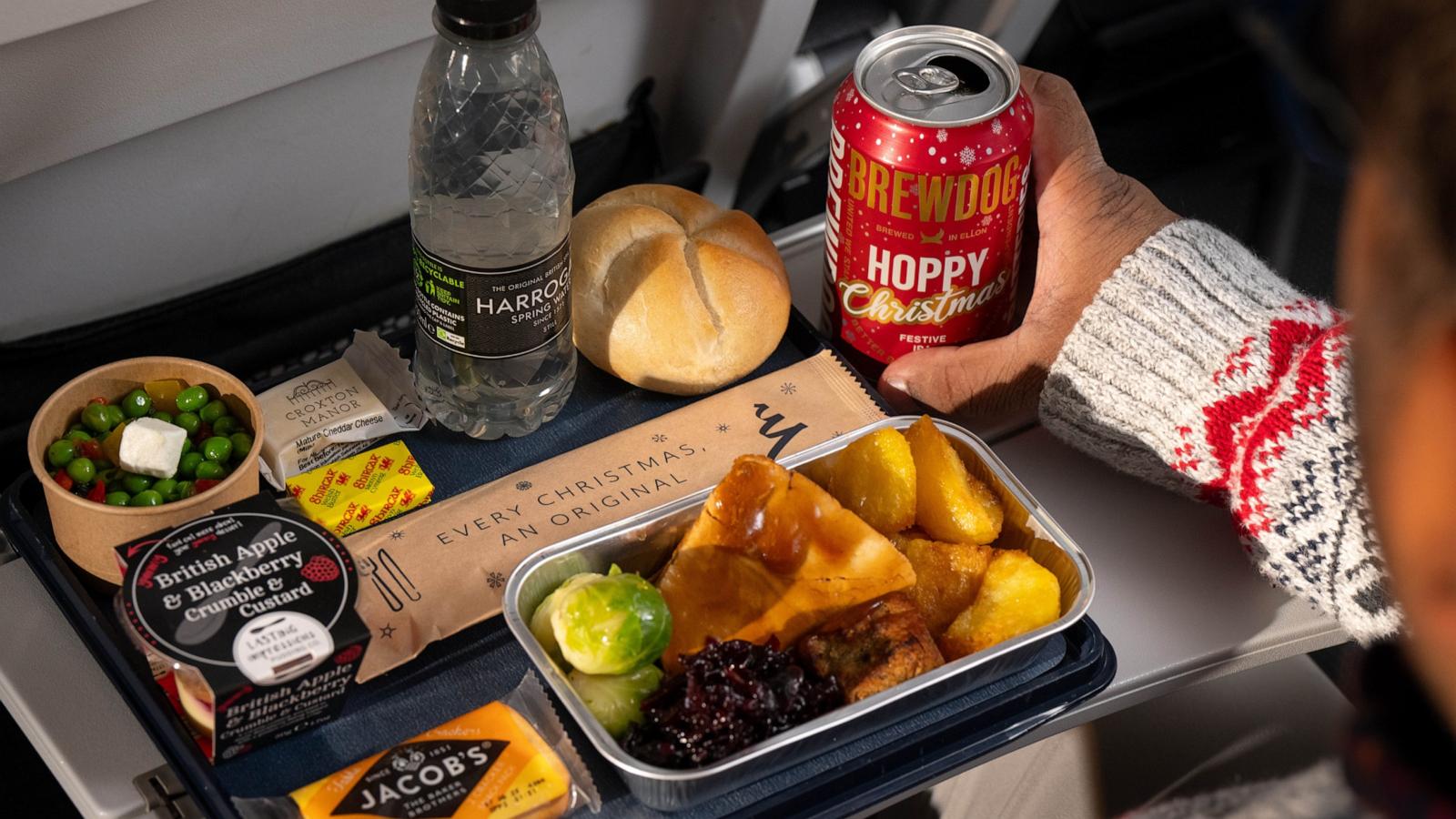 PHOTO: A Christmas turkey dinner in World Traveller is enjoyed with a can of BrewDog's Hoppy Christmas IPA.