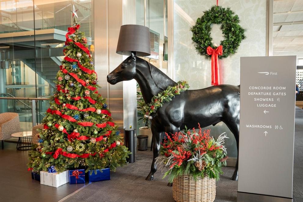 PHOTO: British Airways decks the halls with festive decorations in its First lounge at Heathrow Terminal 5.