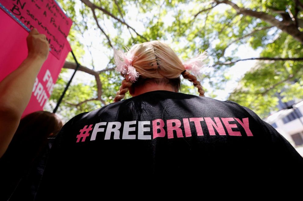 PHOTO: A person protests in support of pop star Britney Spears on the day of a conservatorship case hearing at Stanley Mosk Courthouse in Los Angeles, June 23, 2021.